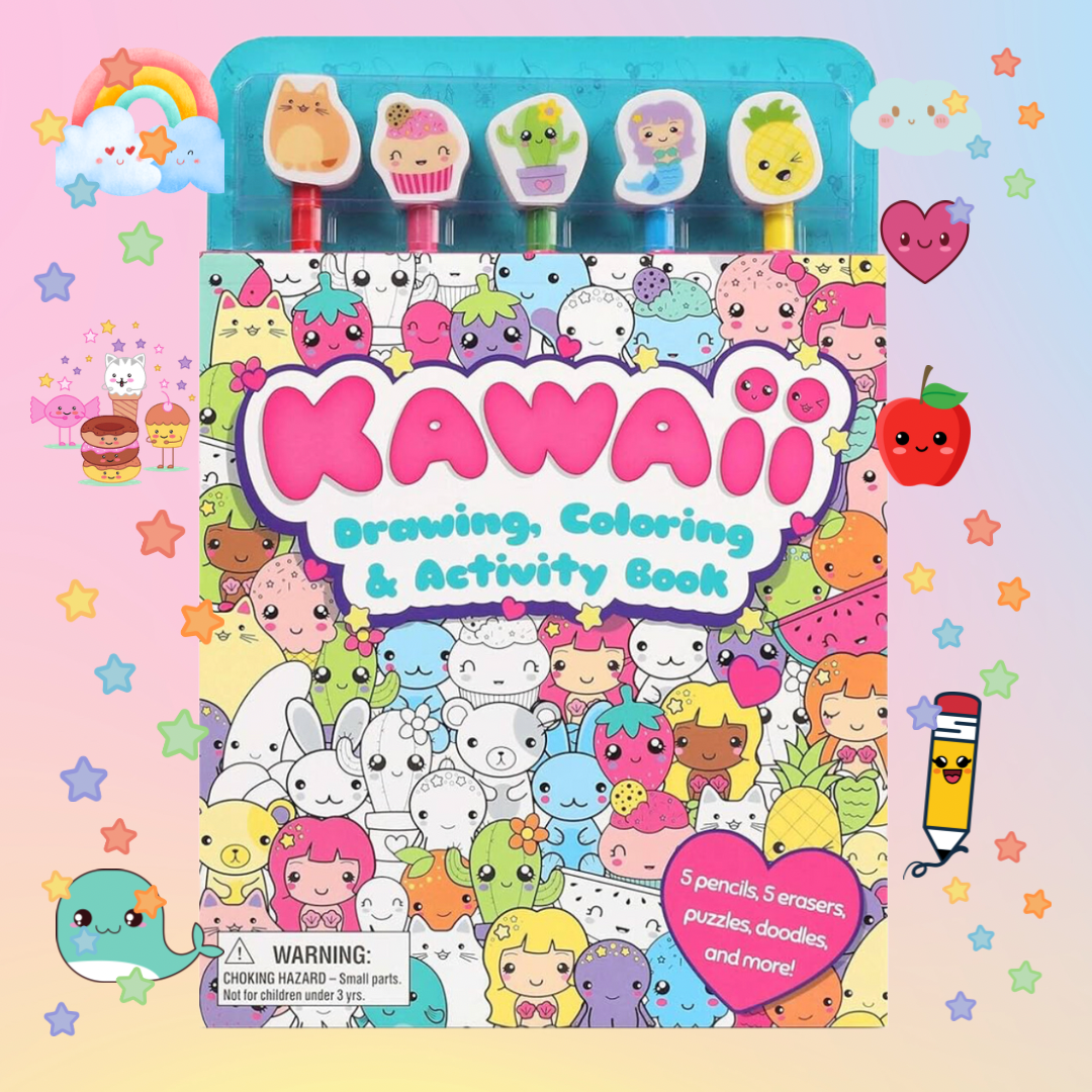 Kawaii Drawing, Coloring and Activity Book with Pencil Toppers Kit