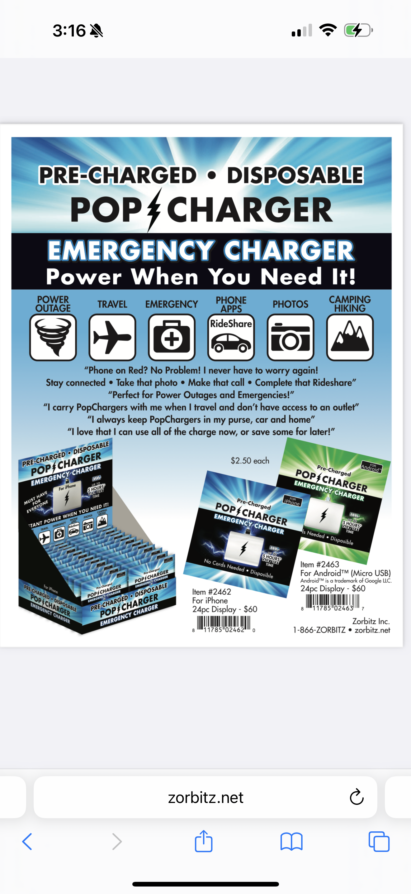 Pre-Charged Pop Charger Emergency Charger for iPhone